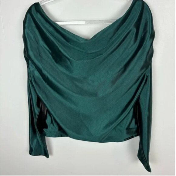 Dark Green Satin Off the Shoulder Draped Top by Express - Picture 1 of 4